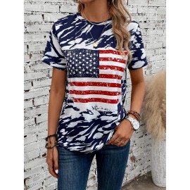 American Flag Print Crew Neck T-Shirt for Women - Casual Short Sleeve Tee for Spring & Summer