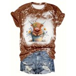 Women's Cow & Floral Print T-shirt - Casual Short Sleeve Crew Neck Top for Spring & Summer