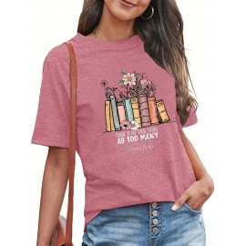 Flower & Book Print Crew Neck T-Shirt, Casual Short Sleeve T-Shirt For Spring & Summer, Women's Clothing