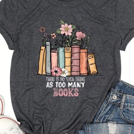 Flower & Book Print Crew Neck T-Shirt, Casual Short Sleeve T-Shirt For Spring & Summer, Women's Clothing