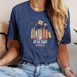 Flower & Book Print Crew Neck T-Shirt, Casual Short Sleeve T-Shirt For Spring & Summer, Women's Clothing