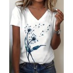 Dandelion Print V Neck T-Shirt, Casual Short Sleeve T-Shirt For Spring & Summer, Women's Clothing