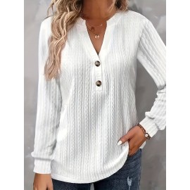 Women's Textured Button Front V Neck Long Sleeve T-Shirt - Casual Spring & Fall Top