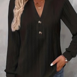 Women's Textured Button Front V Neck Long Sleeve T-Shirt - Casual Spring & Fall Top