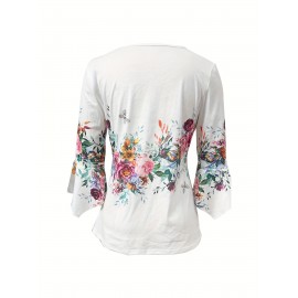 Floral Print Notched Neck Blouse, Casual Button Front Blouse For Spring & Summer, Women's Clothing