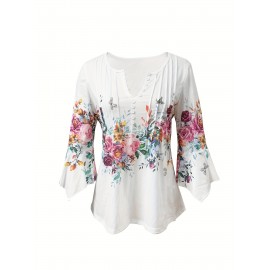 Floral Print Notched Neck Blouse, Casual Button Front Blouse For Spring & Summer, Women's Clothing