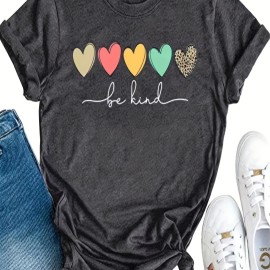 Women's Cute Heart Print Graphic T-Shirt - Casual Short Sleeve Crew Neck Shirt