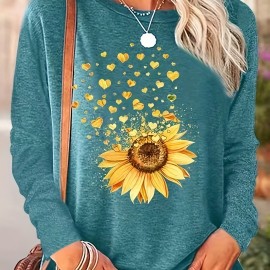 Sunflower Print Long Sleeve T-Shirt for Women - Casual Spring and Fall Fashion