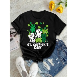 St. Patrick's Day Cat Print T-shirt, Casual Crew Neck Short Sleeve Top For Spring & Summer, Women's Clothing