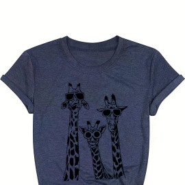 Cute Giraffe Print Crew Neck T-Shirt for Women - Casual Short Sleeve Tee for Spring & Summer