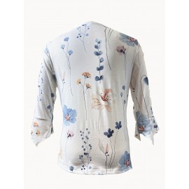 Floral Print Button Front T-shirt - Casual Flared Sleeve Top for Women - Spring & Fall Fashion