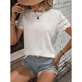 Solid Eyelet Crew Neck T-Shirt, Casual Short Sleeve Top For Spring & Summer, Women's Clothing