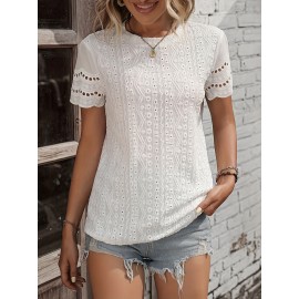 Solid Eyelet Crew Neck T-Shirt, Casual Short Sleeve Top For Spring & Summer, Women's Clothing