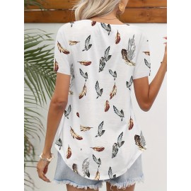 Feather Print Square Neck T-Shirt, Casual Short Sleeve Top For Spring & Summer, Women's Clothing