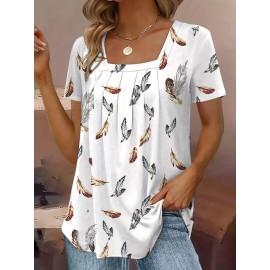 Feather Print Square Neck T-Shirt, Casual Short Sleeve Top For Spring & Summer, Women's Clothing