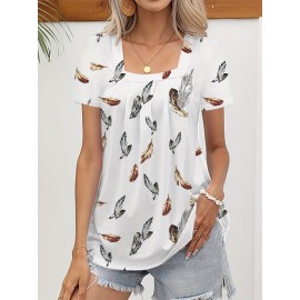 Feather Print Square Neck T-Shirt, Casual Short Sleeve Top For Spring & Summer, Women's Clothing