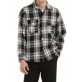 Men's Button Down Loose Fit Long Sleeve Thick Plaid Casual Shirt Jacket black and white checkerboard 02