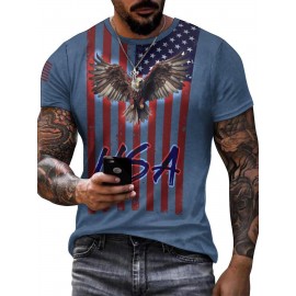 Eagle And Flag Print T-shirt, Men's Casual Street Style Stretch Round Neck Tee Shirt For Summer