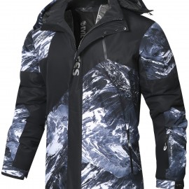 Men's Printed Windbreaker Jacket, Casual Hooded Waterproof Jacket For Outdoor Mountaineering Skiing