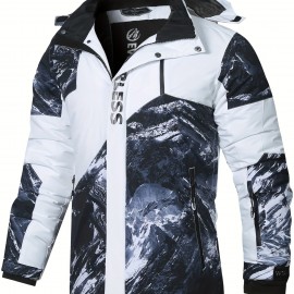 Men's Printed Windbreaker Jacket, Casual Hooded Waterproof Jacket For Outdoor Mountaineering Skiing