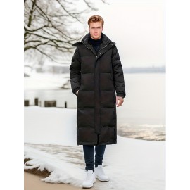 Men's Mid-length Hooded Long Puffer Jacket, Casual Warm Comfy Down Coat For Fall Winter Outdoor Activities