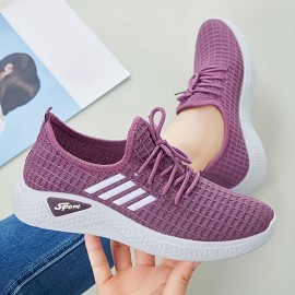 Women's Striped Pattern Sneakers, Casual Lace Up Outdoor Shoes, Lightweight Low Top Shoes