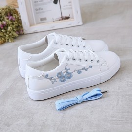 Women's Floral Embroidered Sneakers, Lace Up Soft Sole Platform Casual Skate Shoes, Low-top Walking White Shoes