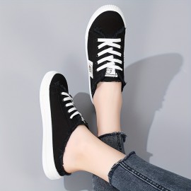 Women's Flat Canvas Shoes, Round Toe Lace Up Slip On Low Top Shoes, Casual Walking Shoes