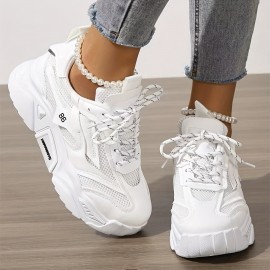 Women's Solid Color Mesh Sneakers, Lace Up Soft Sole Platform Casual Shoes, Low-top Breathable Shoes