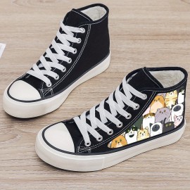 Men's Trendy High Top Cat Pattern Skate Shoes With Warm Plush Lining, Comfy Non Slip Casual Lace Up Sneakers, Winter