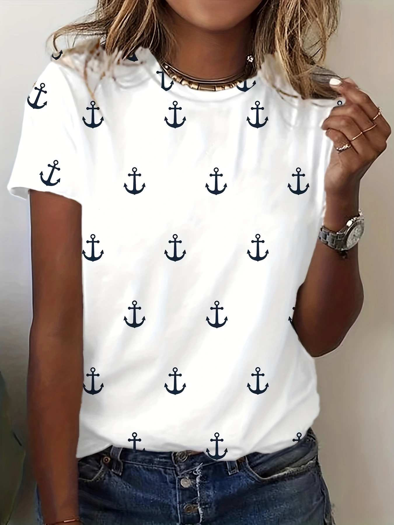 anchor print crew neck t shirt casual short sleeve top for spring summer womens clothing details 0