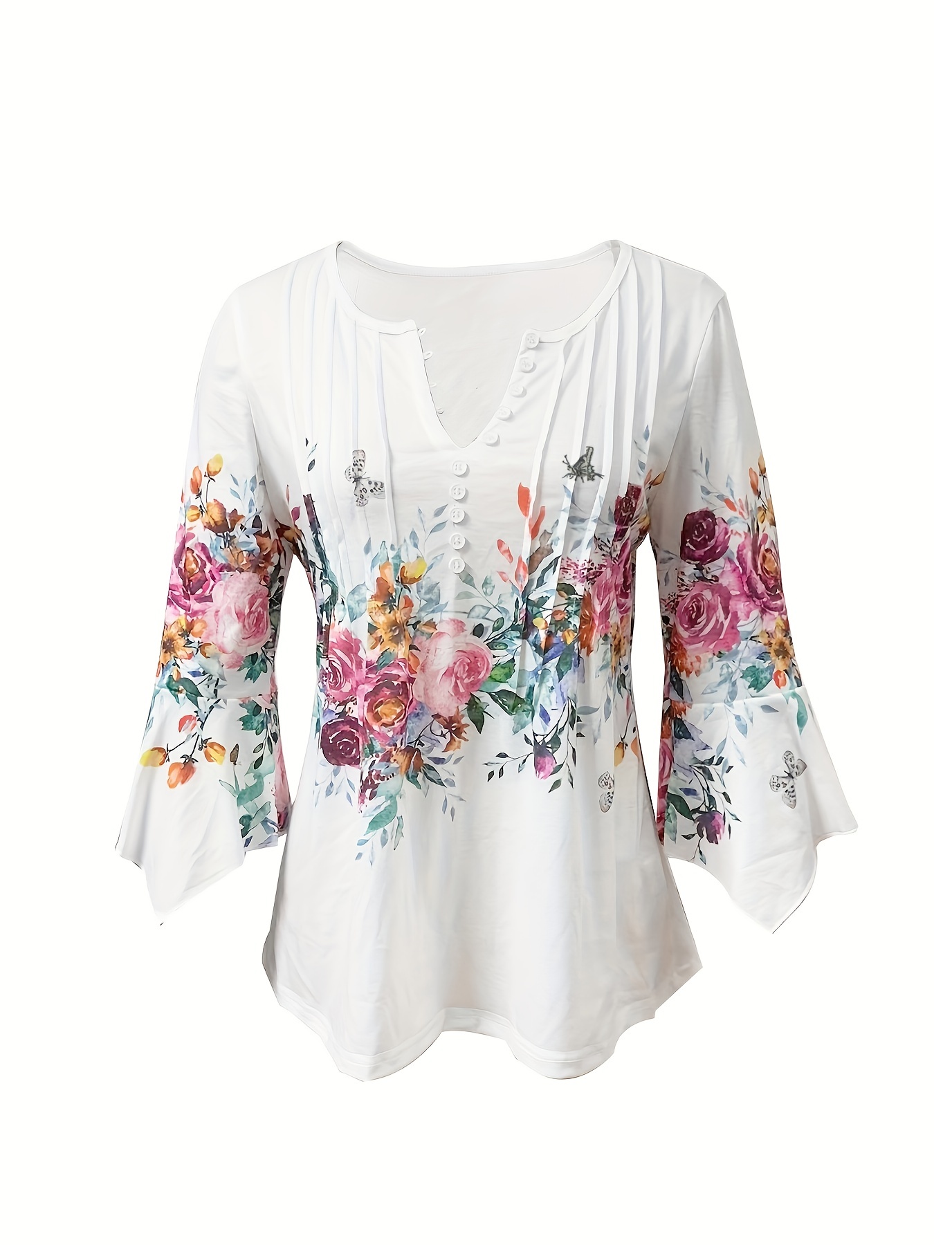 floral print notched neck blouse casual button front blouse for spring summer womens clothing details 2