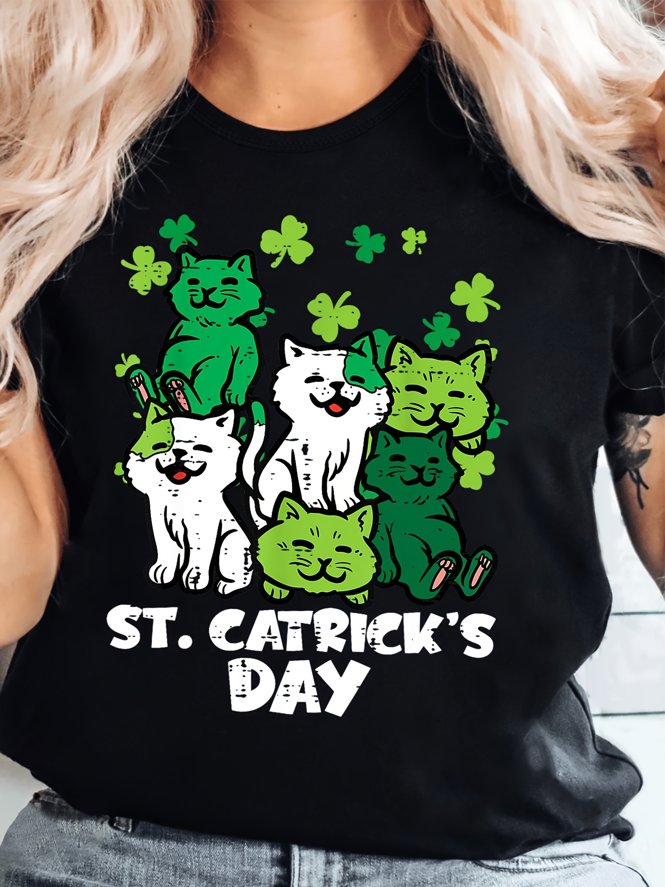 st patricks day cat print t shirt casual crew neck short sleeve top for spring summer womens clothing details 9