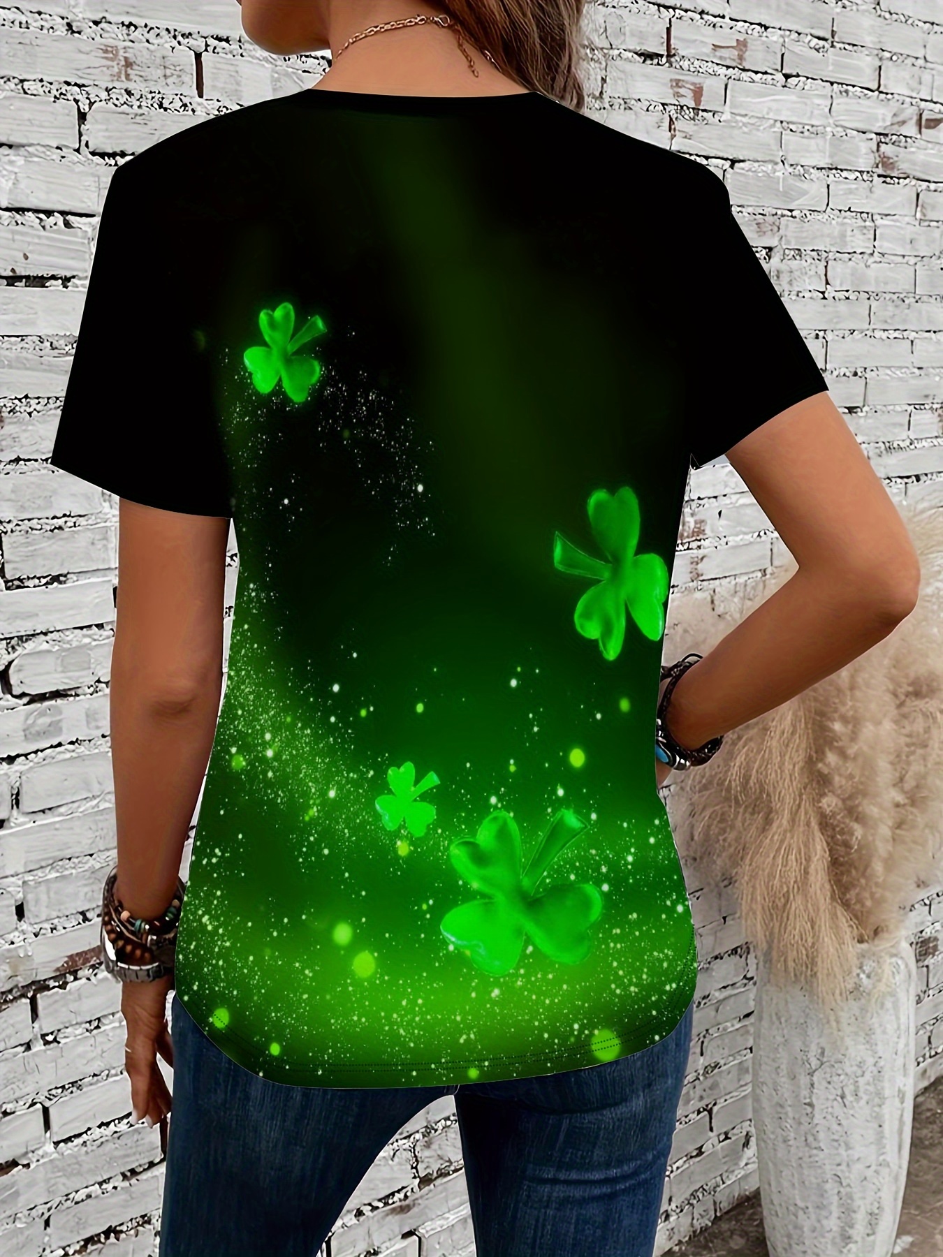 clover print crew neck t shirt casual short sleeve t shirt for spring summer womens clothing st patricks day details 1