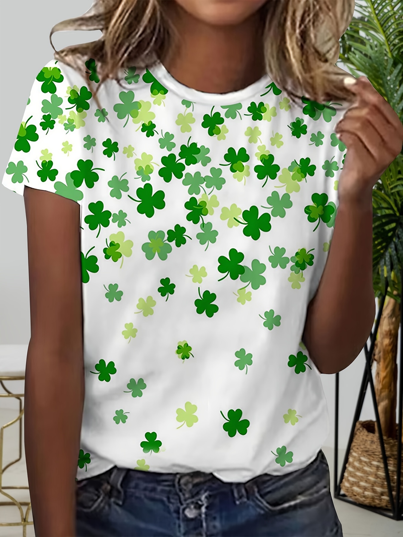 clover print crew neck t shirt casual short sleeve t shirt for spring summer womens clothing st patricks day details 8