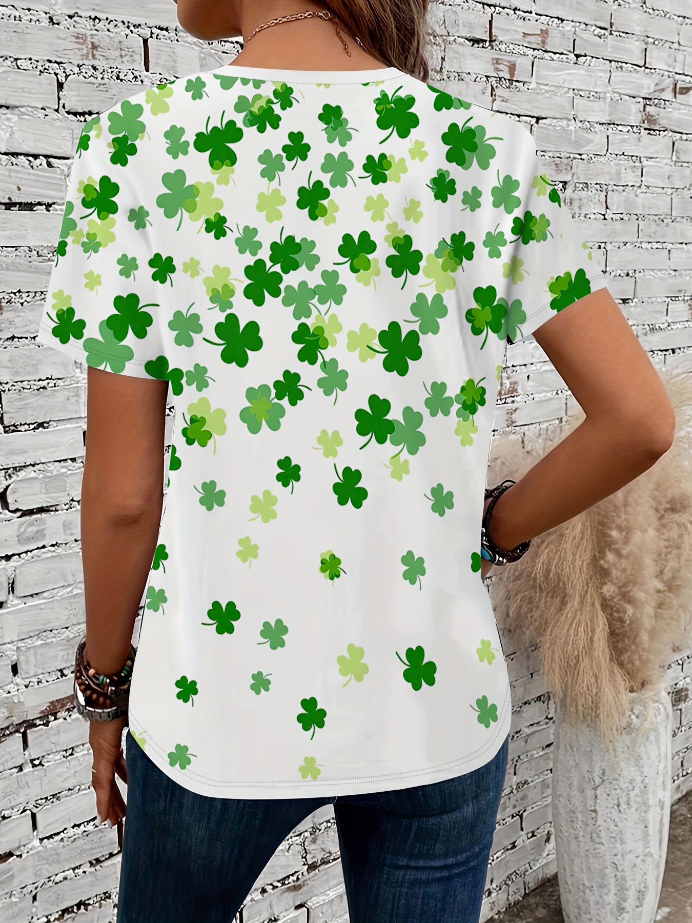 clover print crew neck t shirt casual short sleeve t shirt for spring summer womens clothing st patricks day details 9