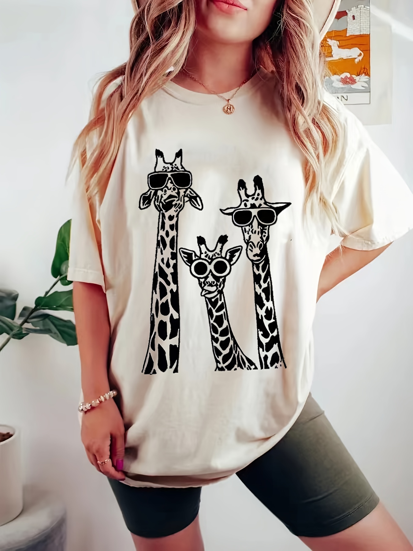 cartoon giraffe print crew neck t shirt casual short sleeve t shirt for spring summer womens clothing details 3