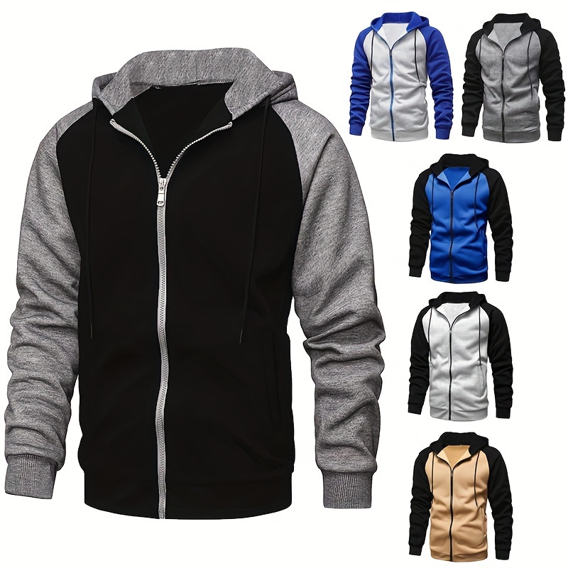 mens casual zip up hoodie chic color block hooded sweatshirt details 1