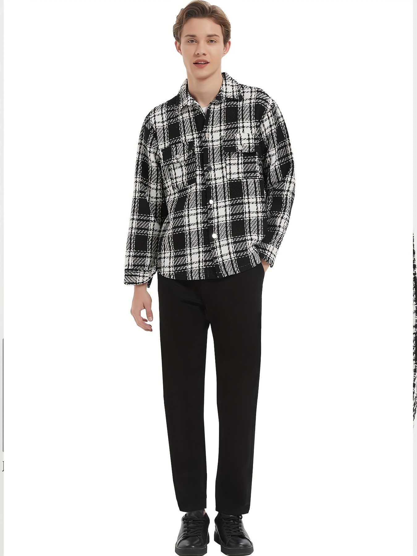 mens button down loose fit long sleeve thick plaid casual shirt jacket black and white checkerboard 02 details 1