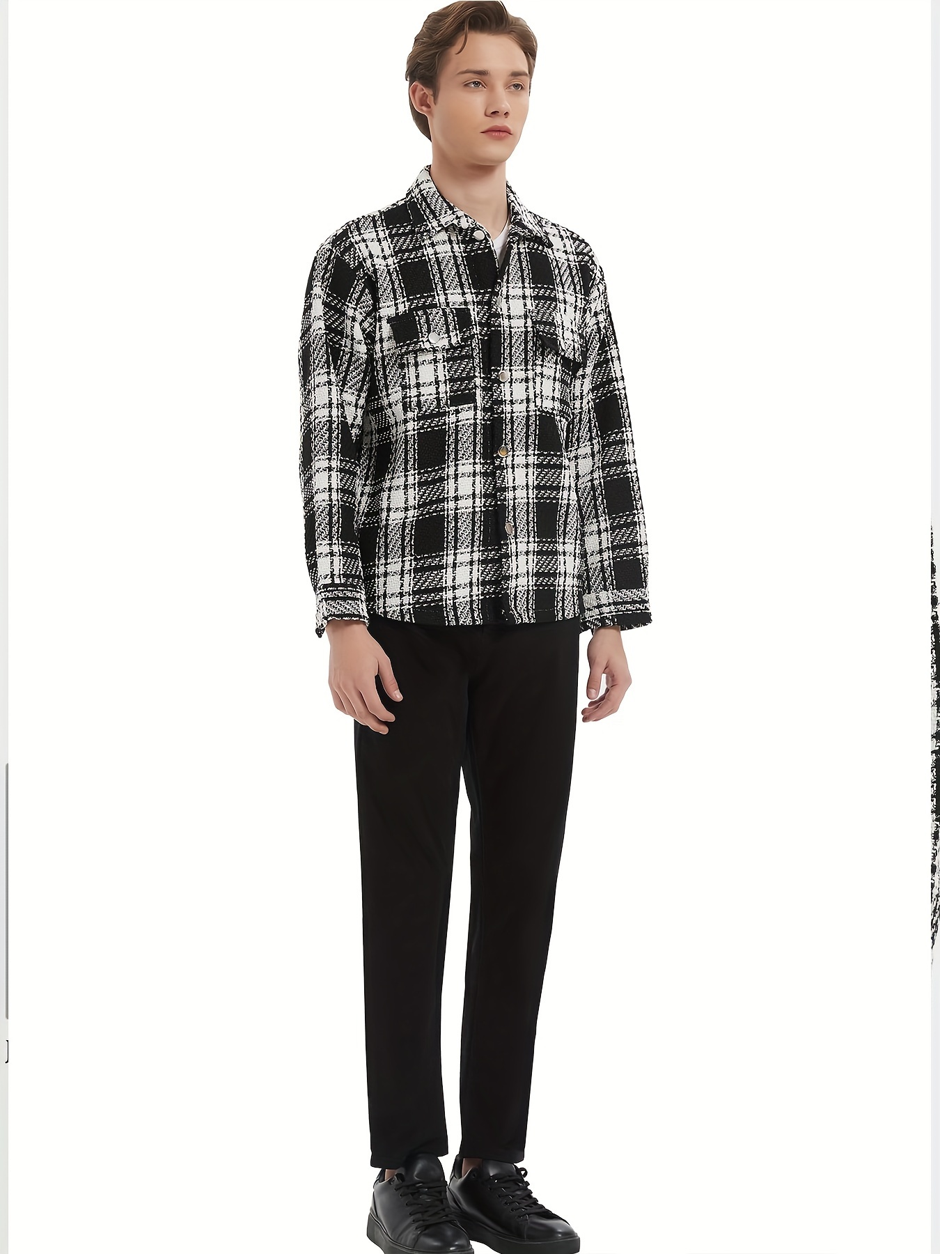 mens button down loose fit long sleeve thick plaid casual shirt jacket black and white checkerboard 02 details 6