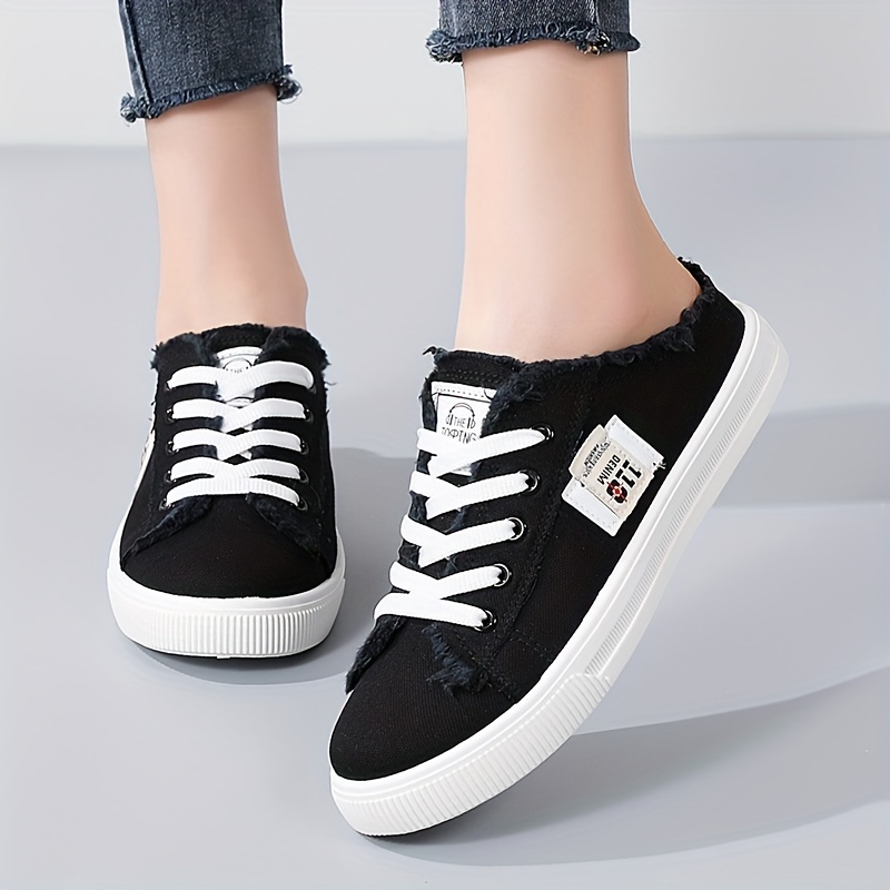 womens flat canvas shoes round toe lace up slip on low top shoes casual walking shoes details 4