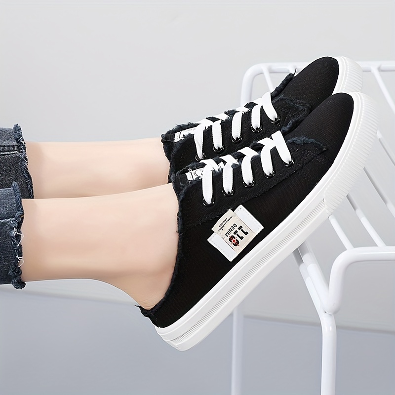 womens flat canvas shoes round toe lace up slip on low top shoes casual walking shoes details 5